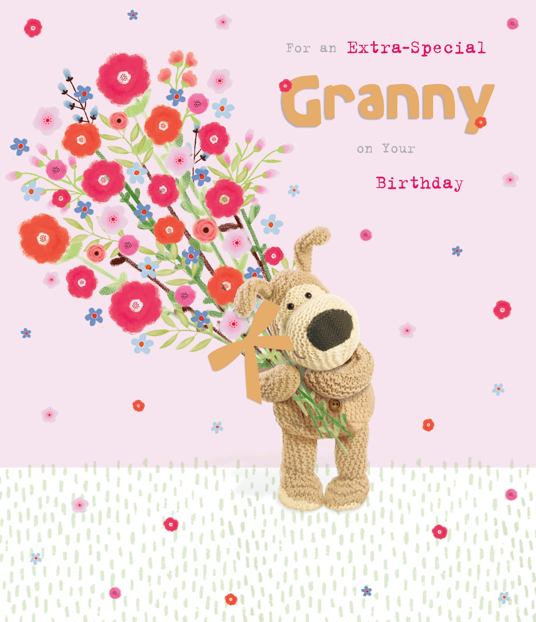 Birthday card for an extra-special Granny with Boofle dog holding a bunch of flowers.