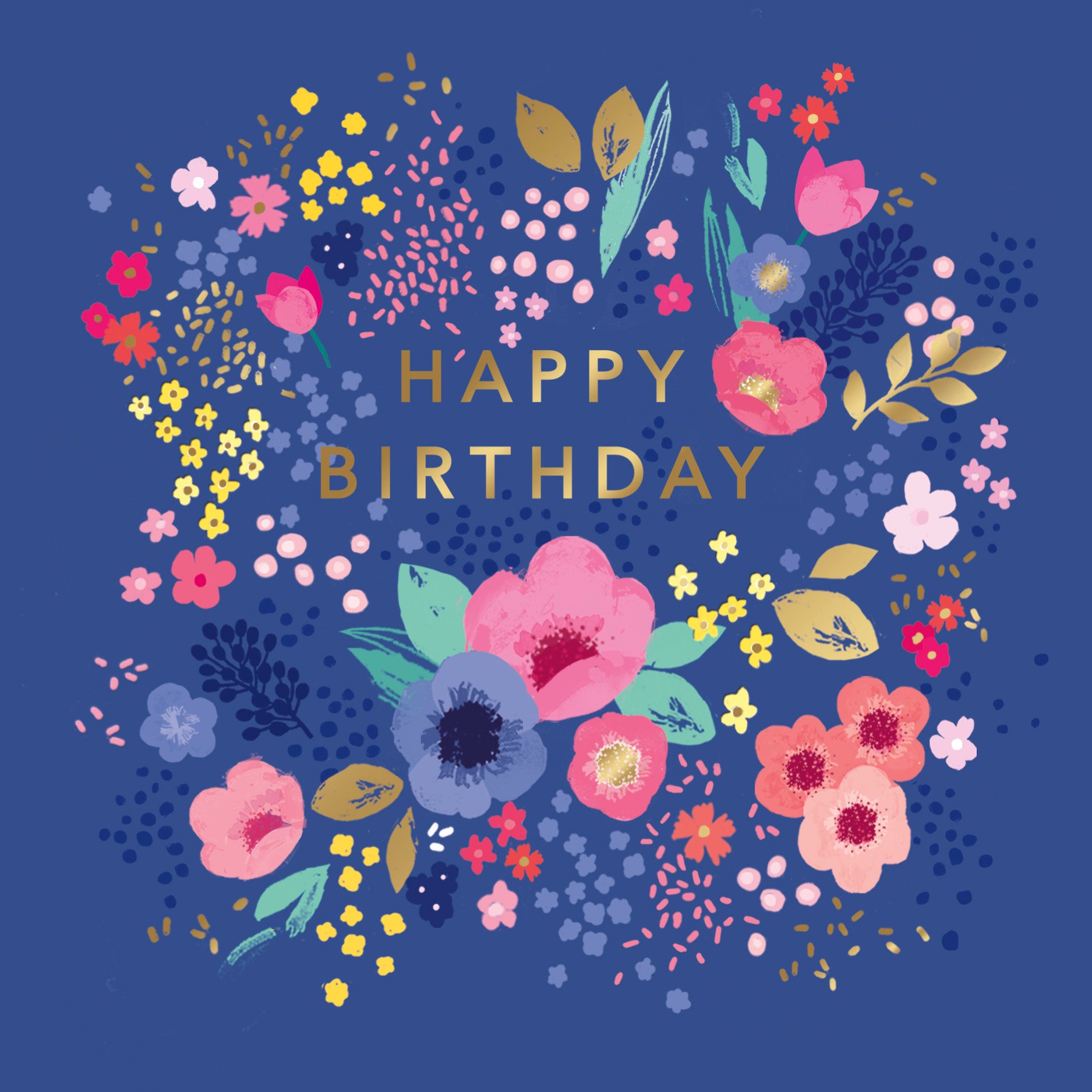 Floral design with 'Happy Birthday' text on a blue background