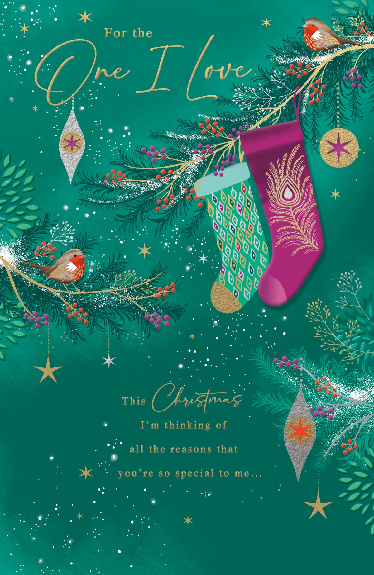 One I Love Christmas Elegant Stockings On Green Background