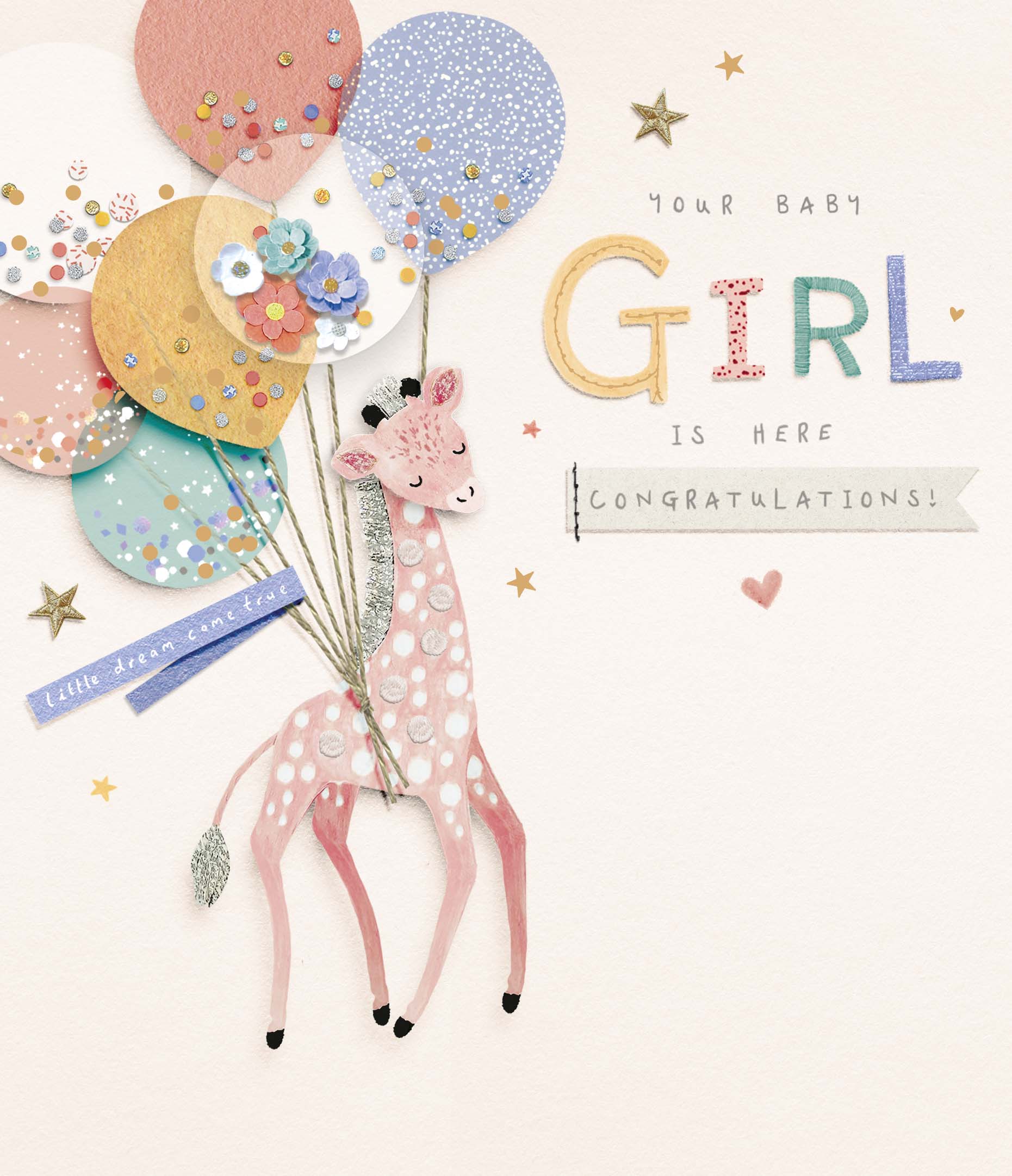 Congratulations Baby Girl Giraffe and Balloons Card