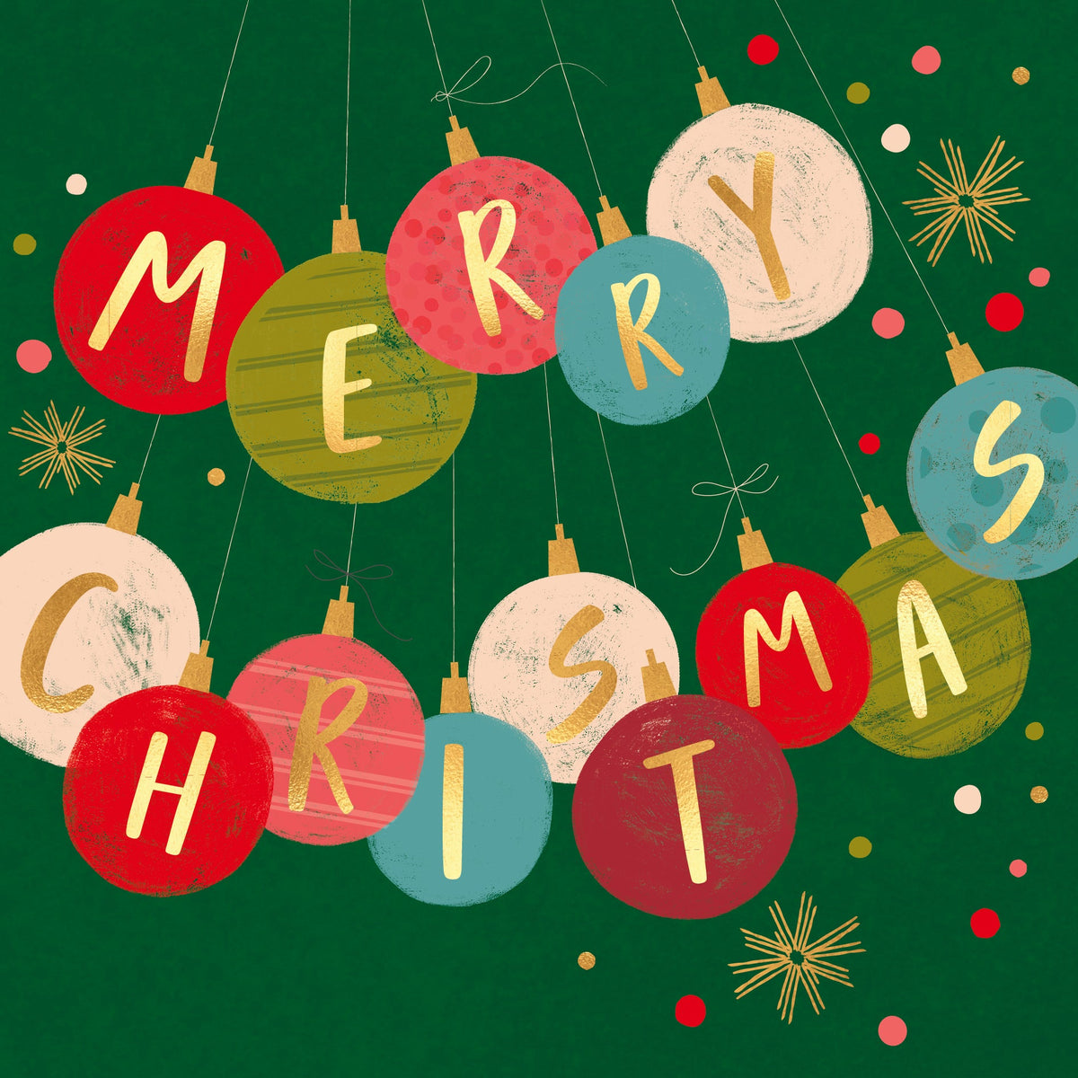 Merry Christmas Baubles On Green Background