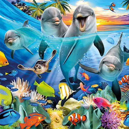 Lenticular 3D effect - Tropical underwater scene with dolphins, fish, and coral at sunset.