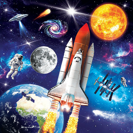 Lenticular 3D effect -Space-themed card with rocket, astronauts, planets, and space station.