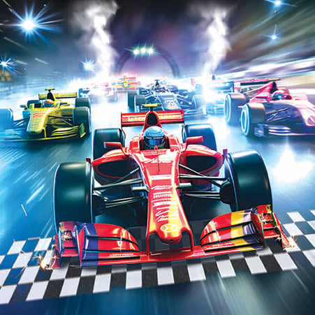 Lenticular 3D effect - Formula 1 race cars on a checkered track with bright lights