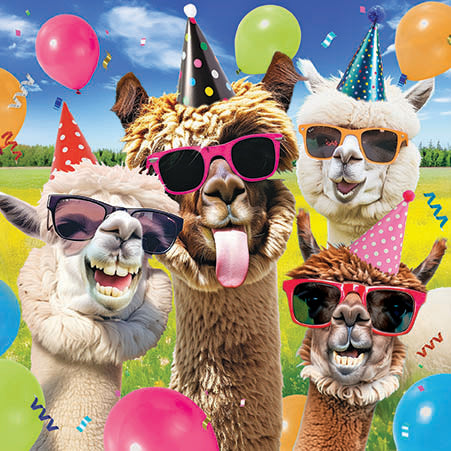Lenticular 3D effect - Funny llamas wearing party hats and sunglasses with balloons