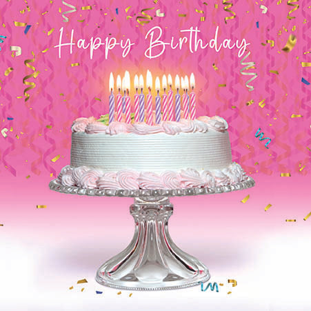 Lenticular 3D effect - Birthday cake with lit candles on a pink background with confetti swirls and 'Happy Birthday' text