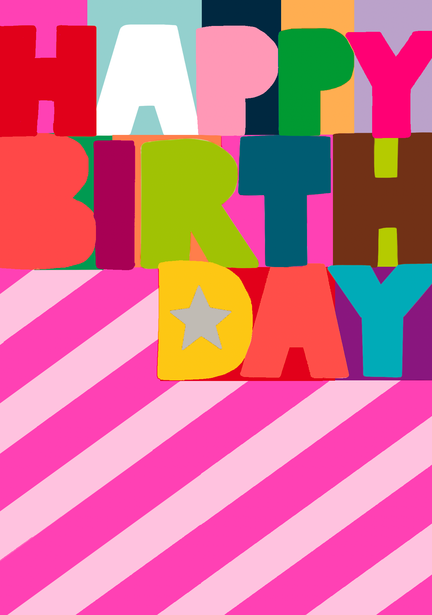 Bold and colourful 'Happy Birthday' letters on a pink striped background