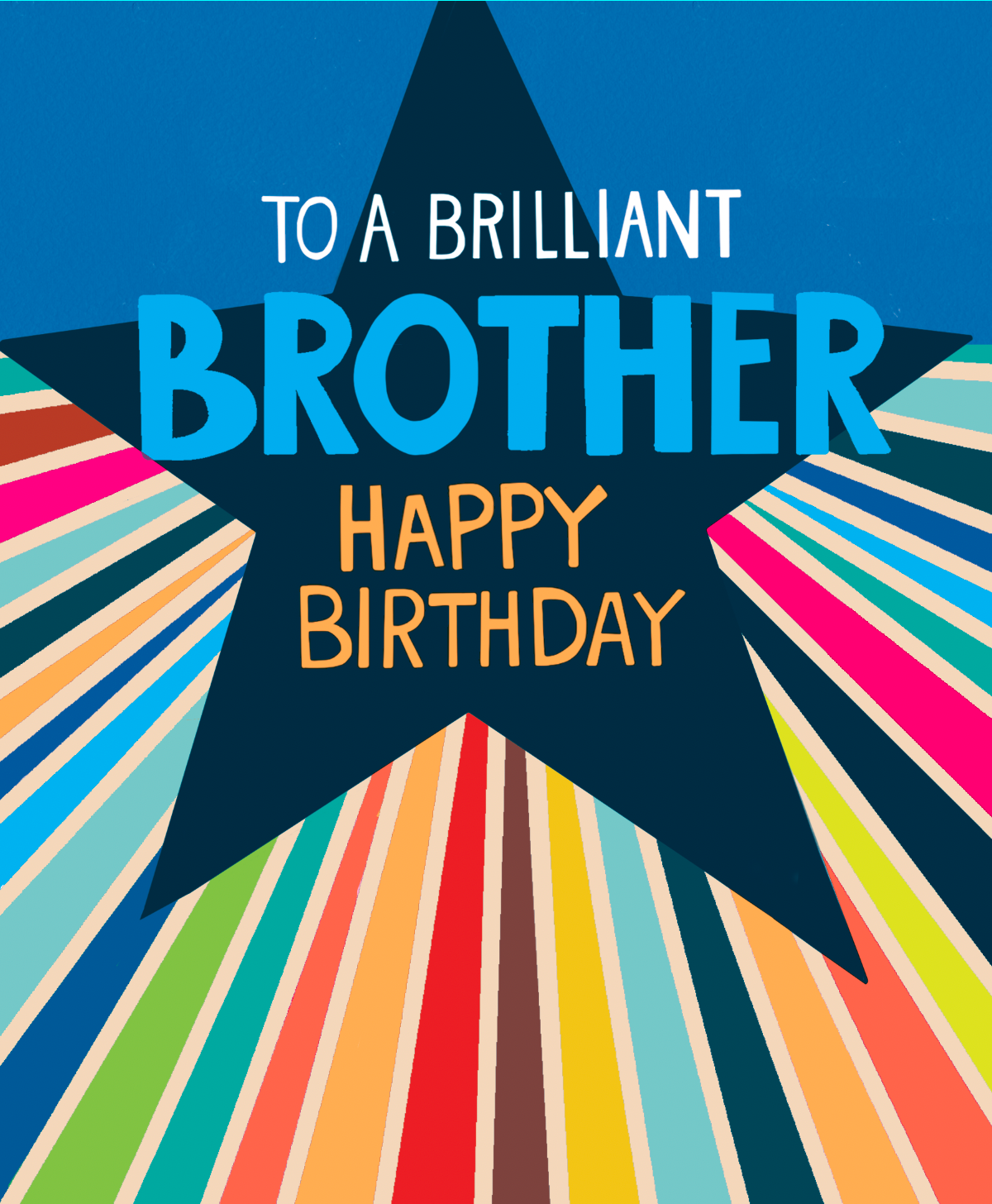 Colorful birthday card with star design and text 'To a Brilliant Brother Happy Birthday' on a blue background