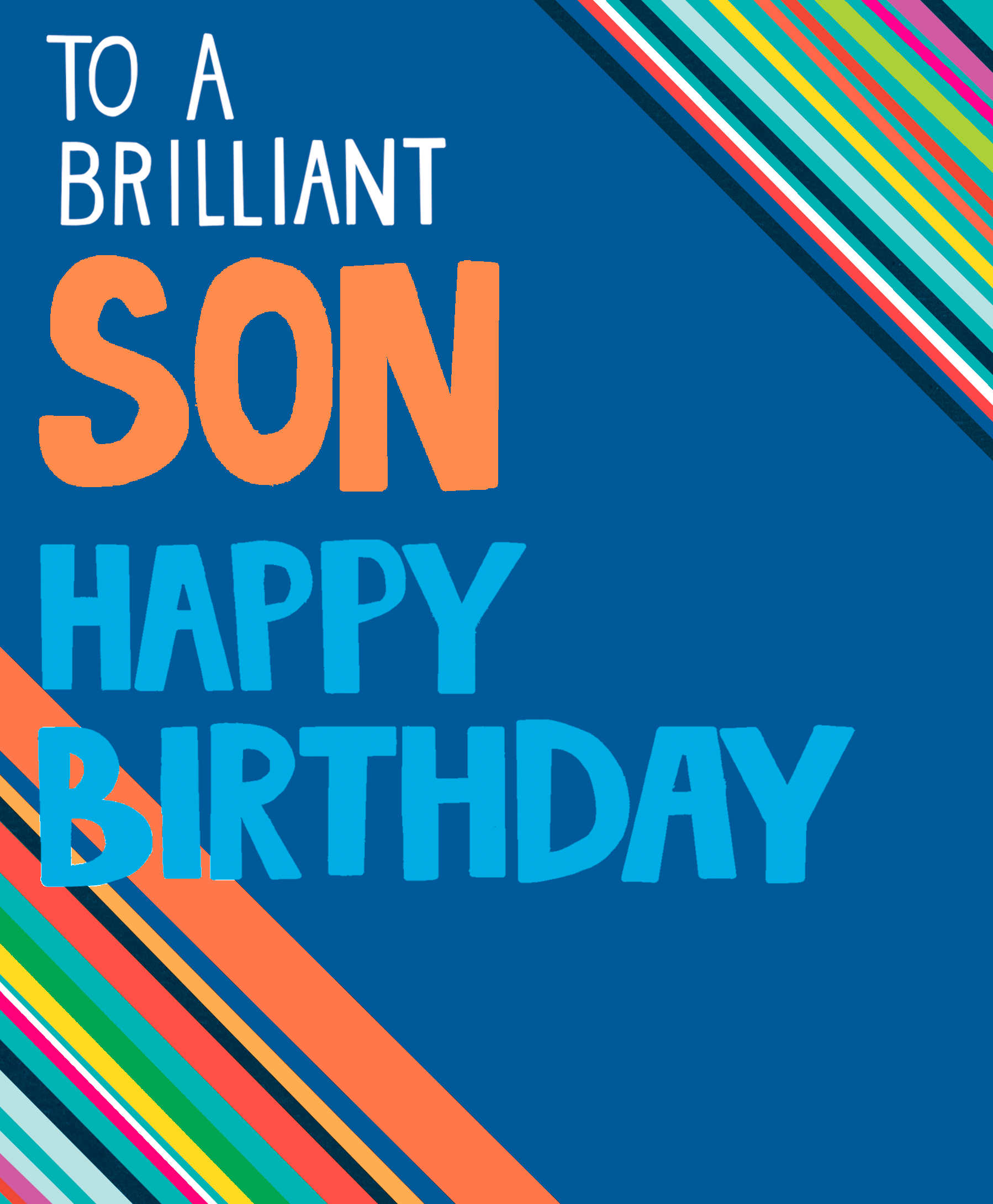 Birthday card for a son with colorful text and stripes on a blue background