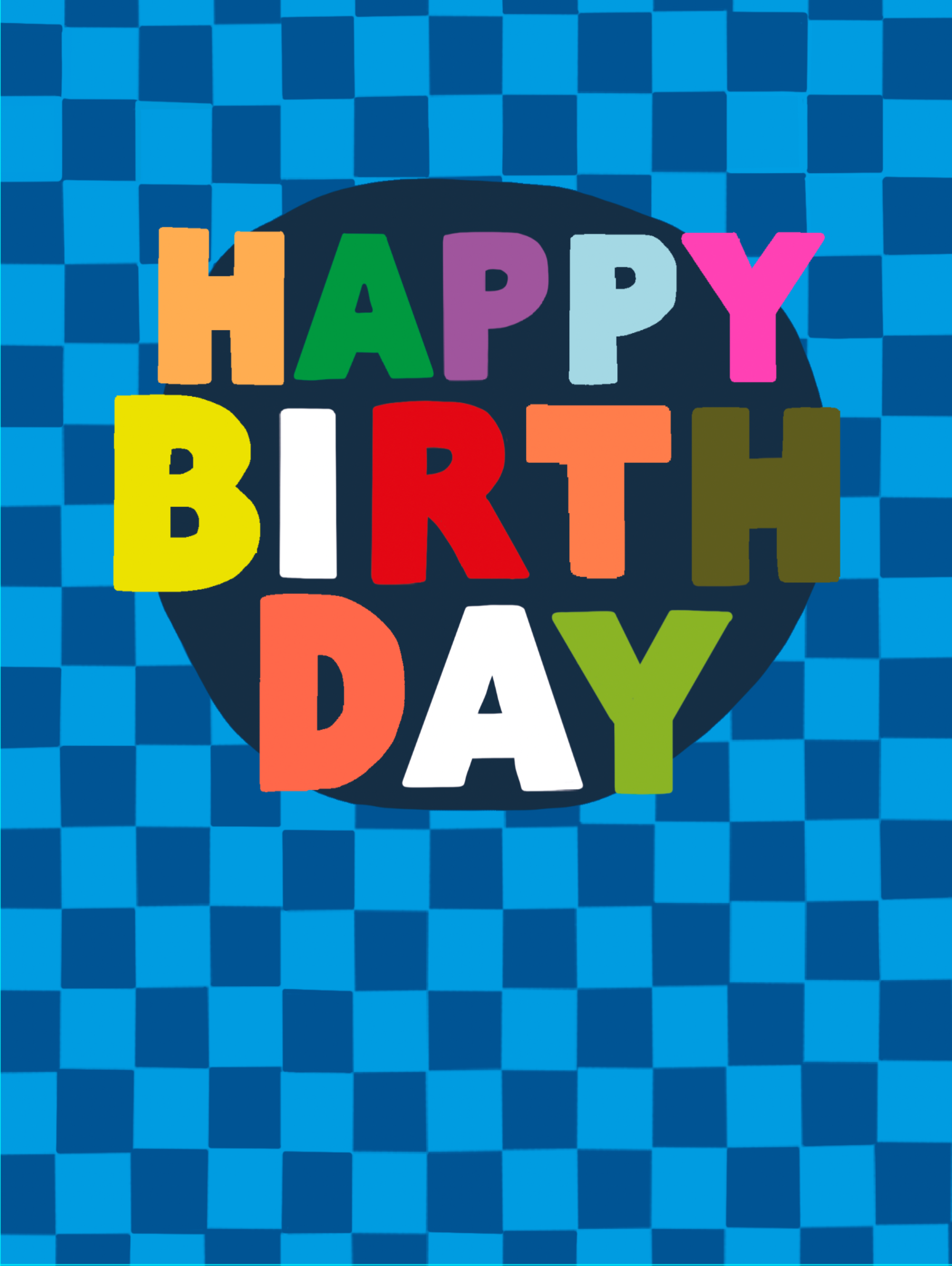 Colourful 'Happy Birthday' text on a blue checkered background