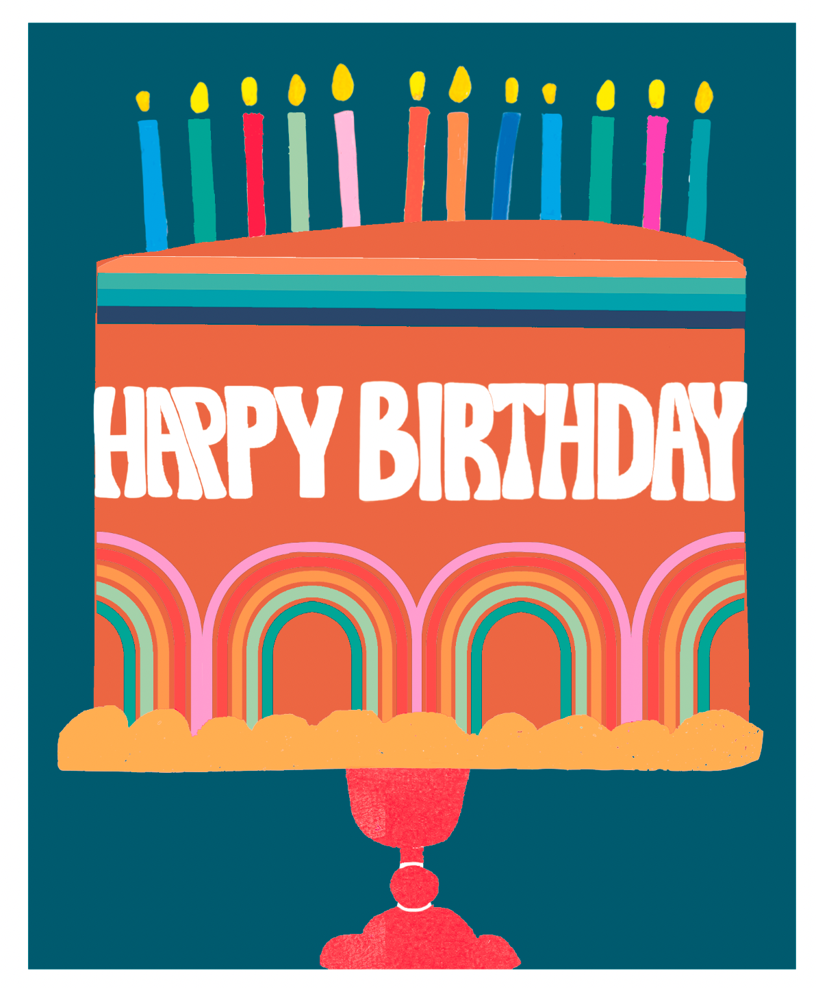 Bold birthday cake illustration with candles and 'Happy Birthday' text on a blue background
