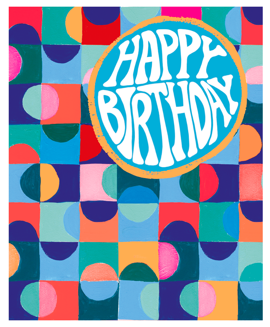 Colorful geometric patterned card with 'Happy Birthday' text