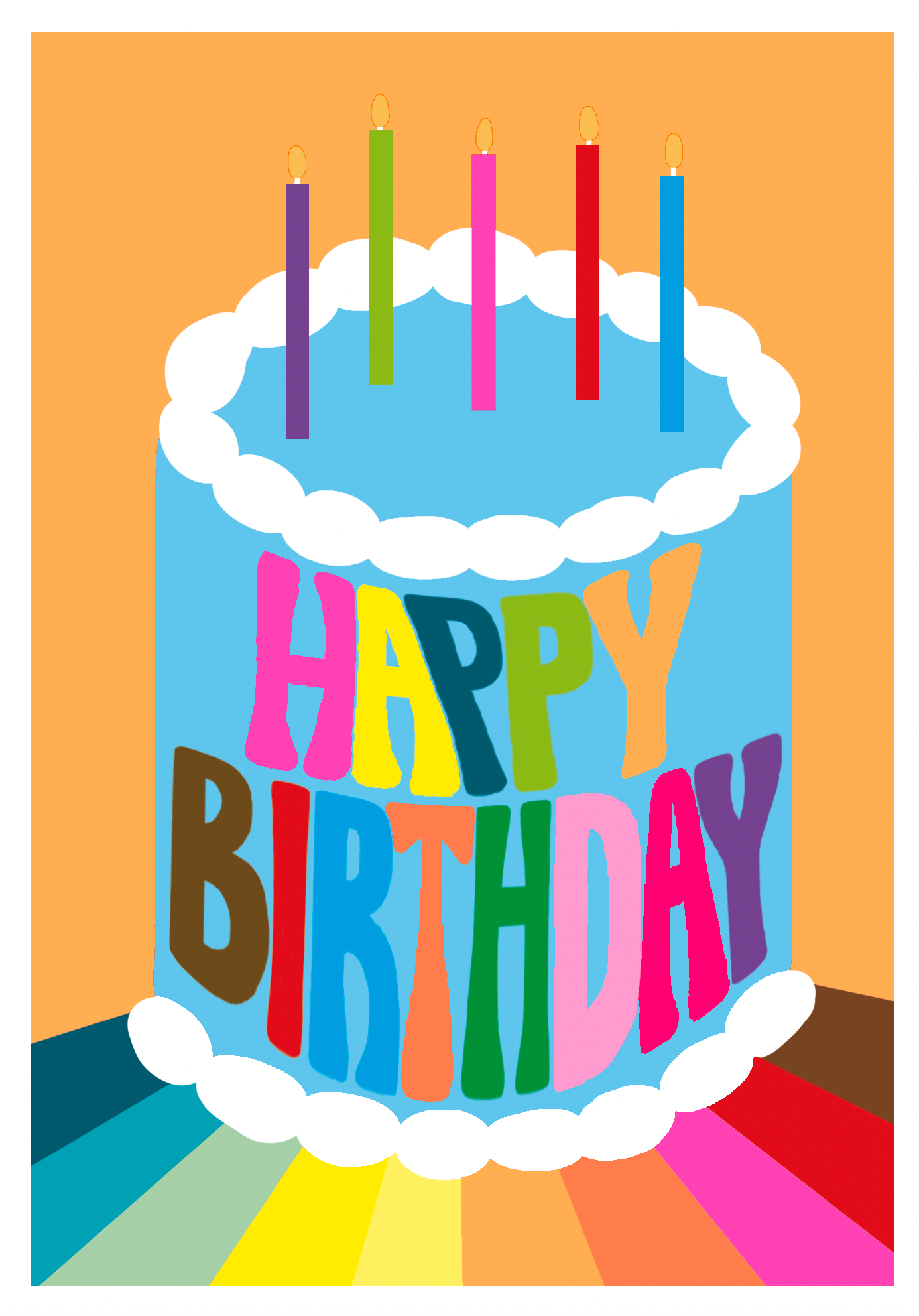 Bright coloured birthday card with cake design and 'Happy Birthday' text on an orange background