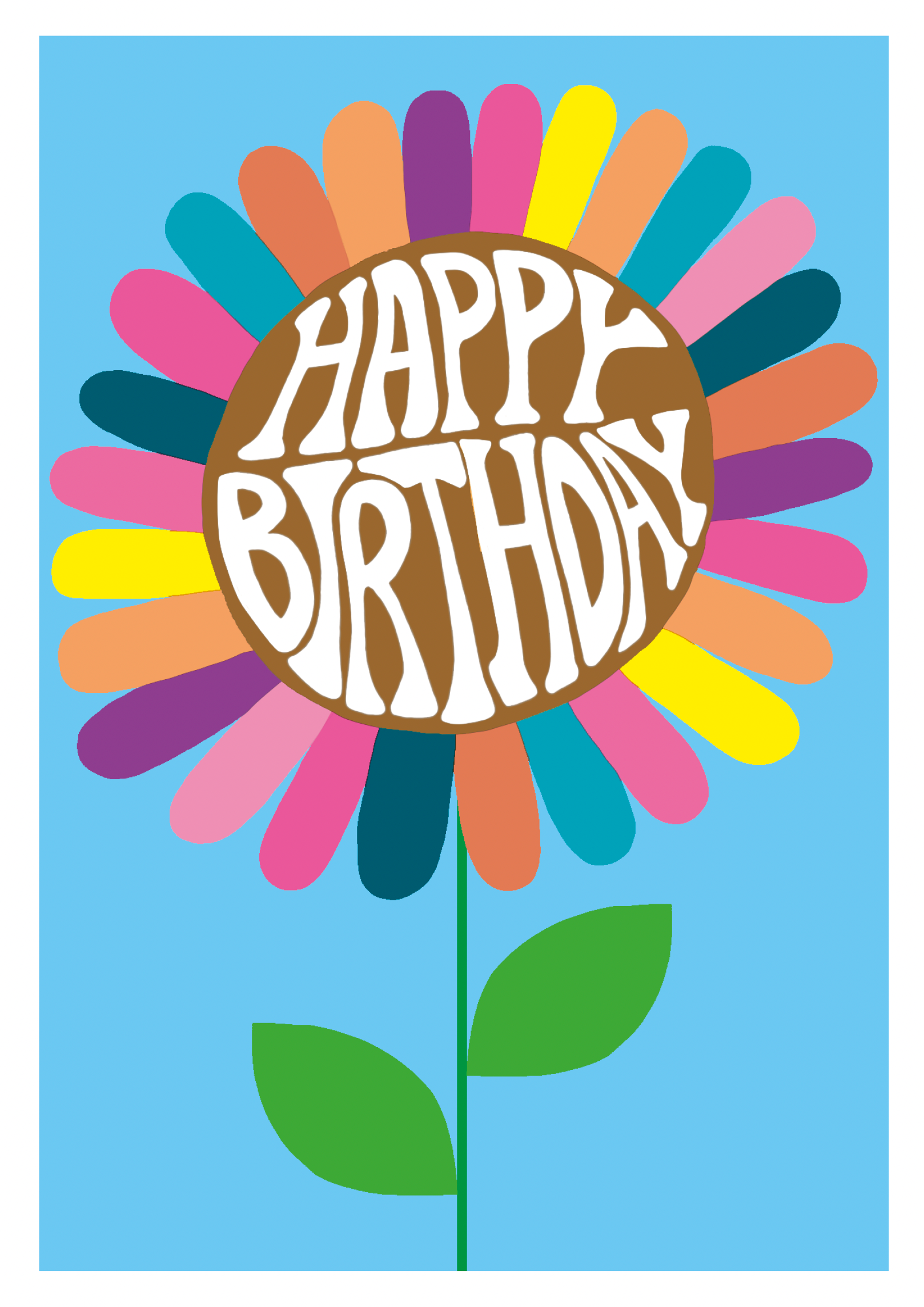 Bright flower-shaped 'Happy Birthday' card on a blue background