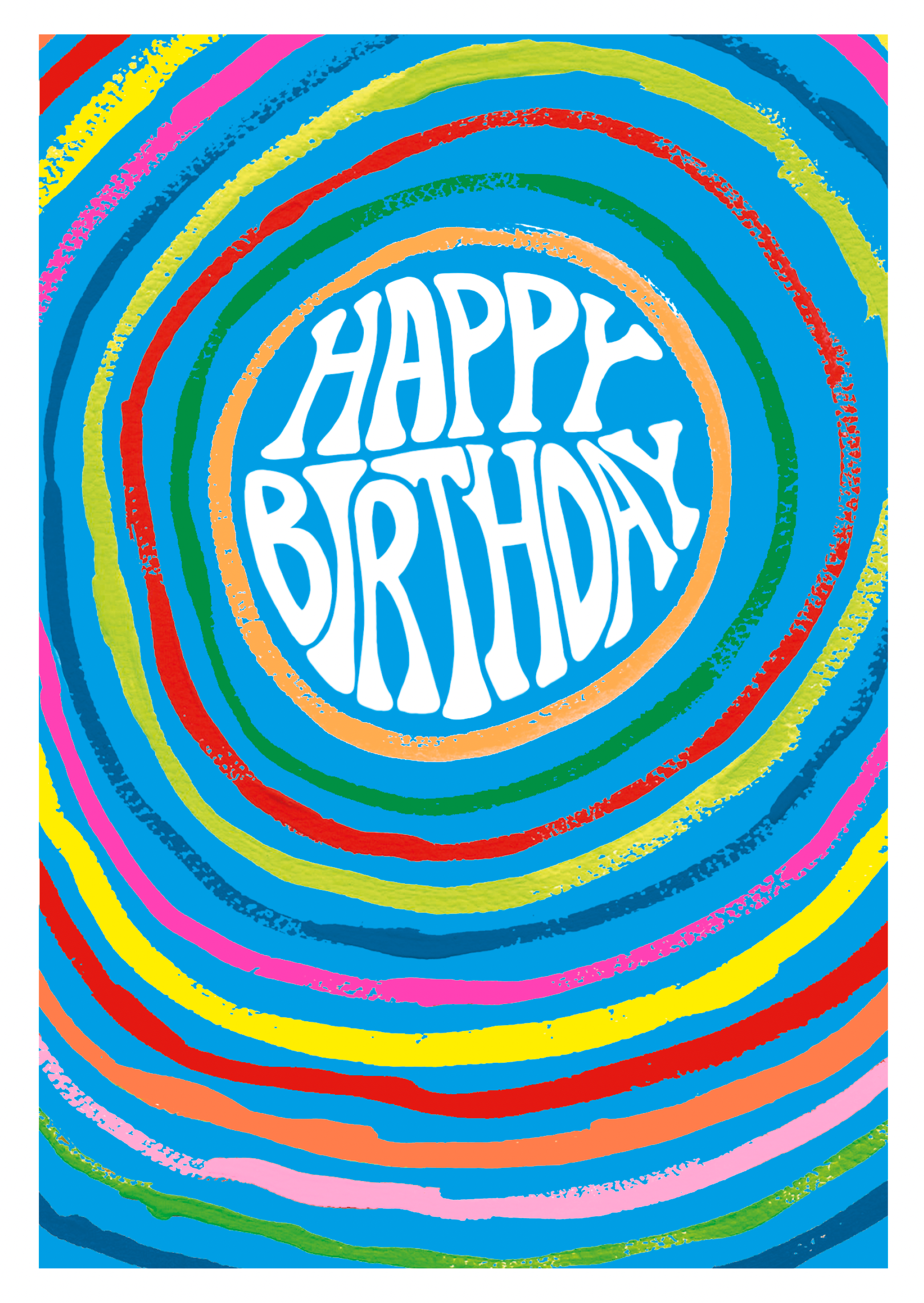 Hand-coloured birthday card with 'Happy Birthday' text and concentric circles