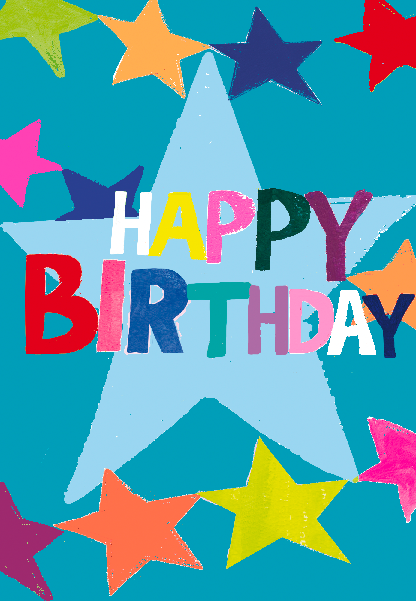 Hand-drawn 'Happy Birthday' card with star shapes on a blue background