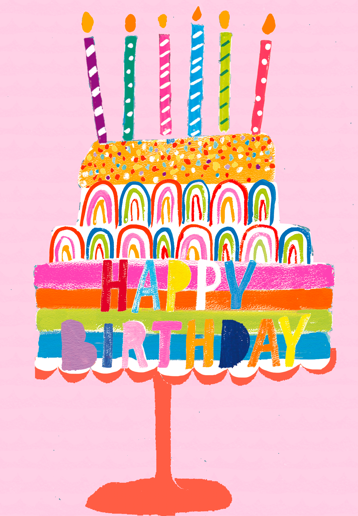 Hand-drawn birthday cake illustration with candles on a pink background