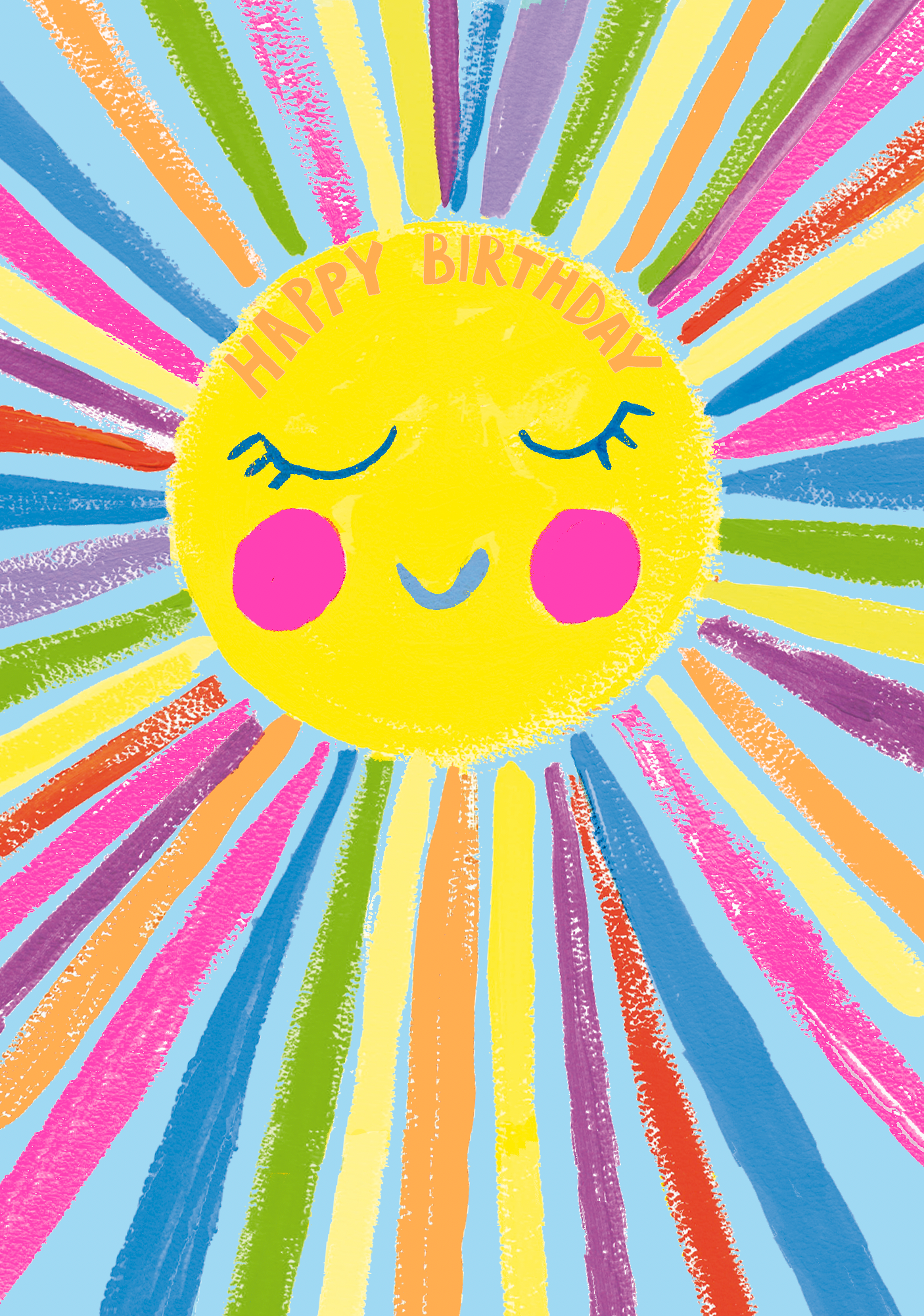 Colorful hand-drawn birthday card with a smiling sun and 'Happy Birthday' text on a blue background.