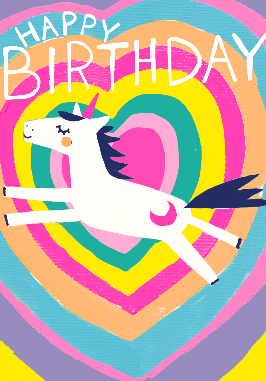 Hand-drawn Colourful birthday card with a unicorn and rainbow design.