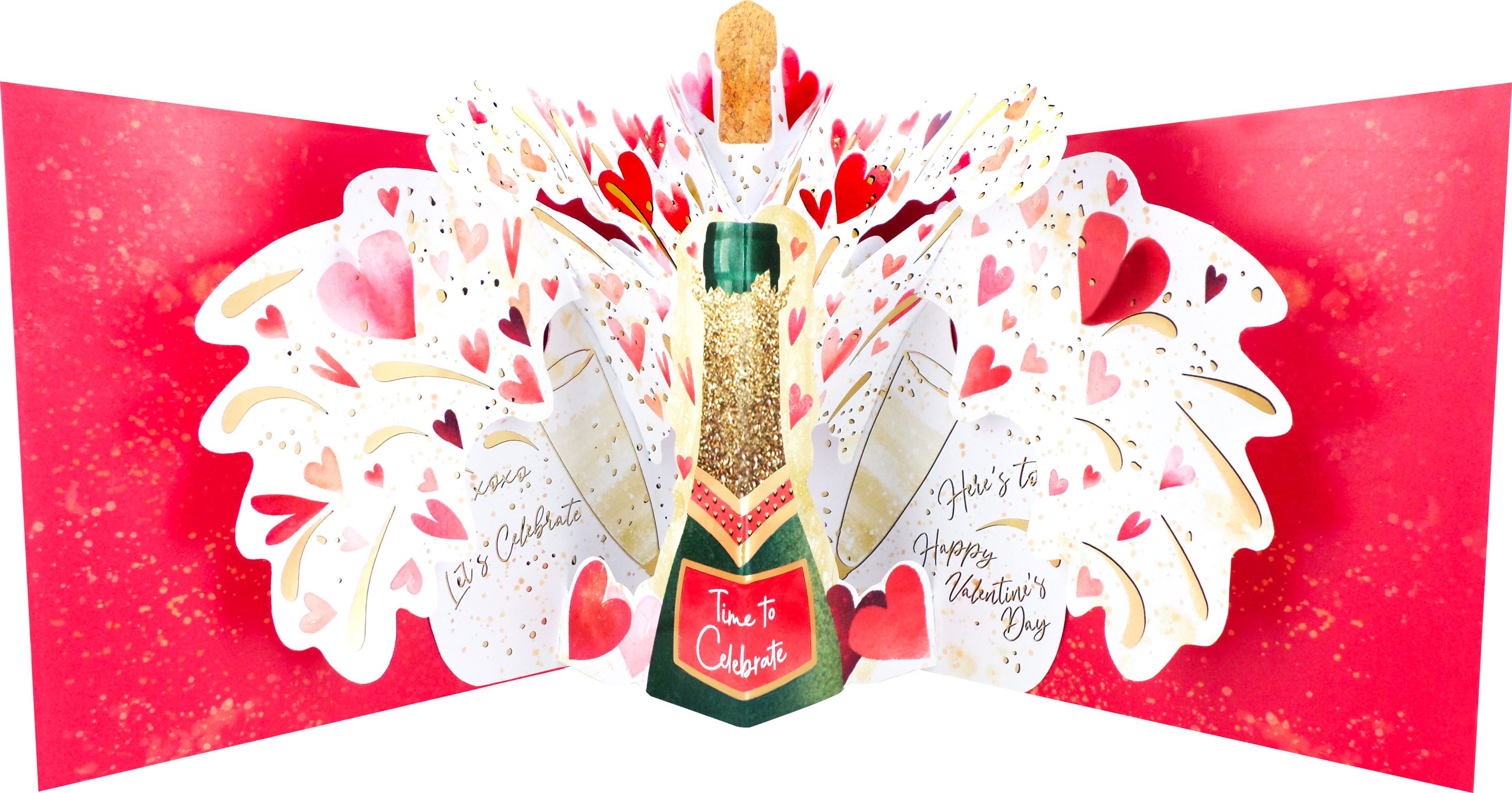 Happy Valentine's Day - Champagne Bottle & Hearts Pop Up Card