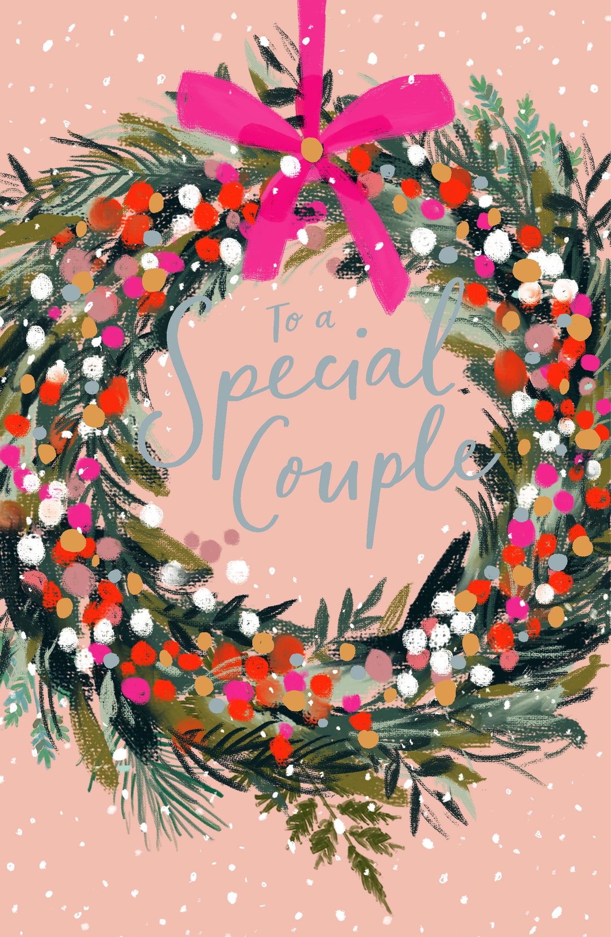 Special Couple Christmas Festive Wreath On Snowy Pink