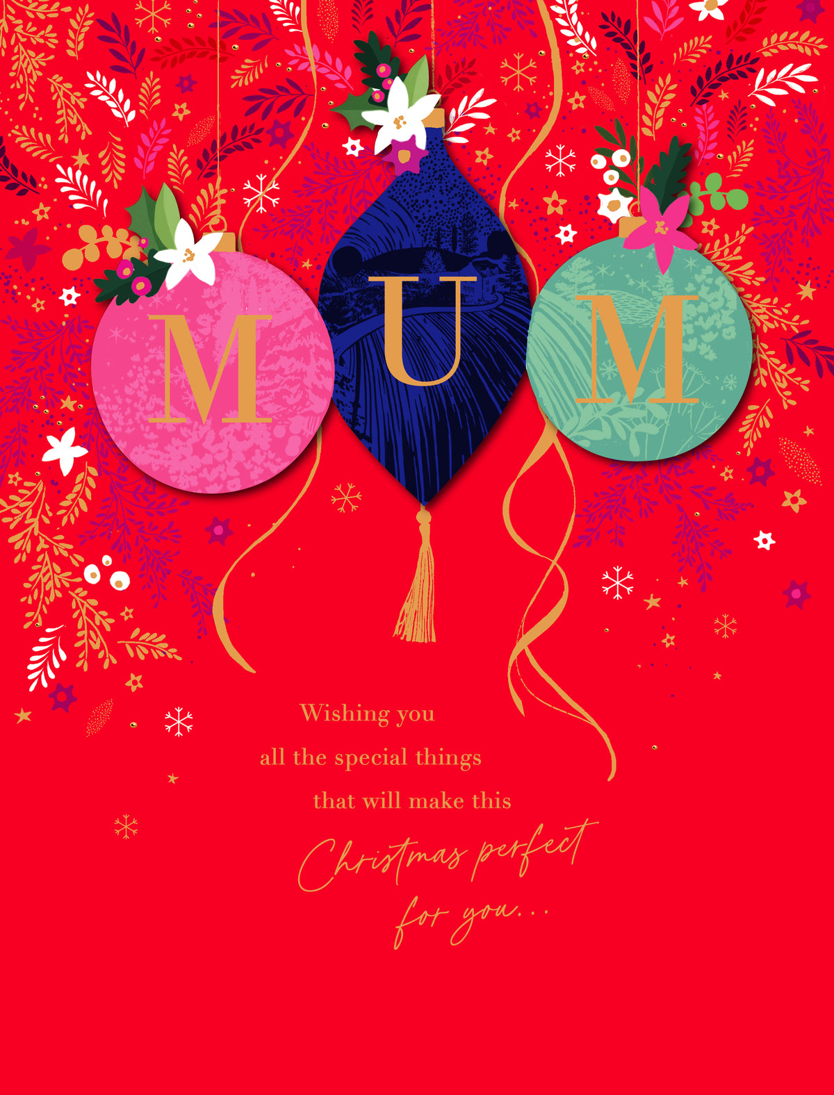 Mum Christmas Traditional Baubles On A Red Background