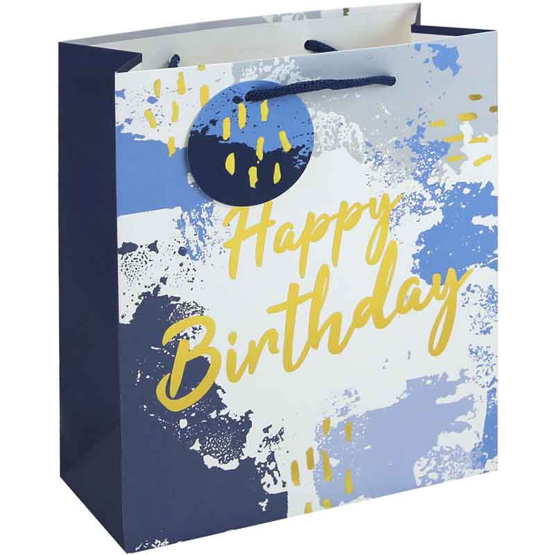 Large Gift Bag Happy Birthday Blue Watercolour