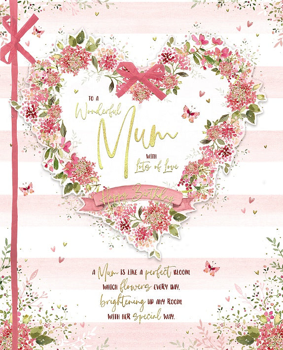 Handmade Boxed Birthday Card Mum Pink Heart Wreath