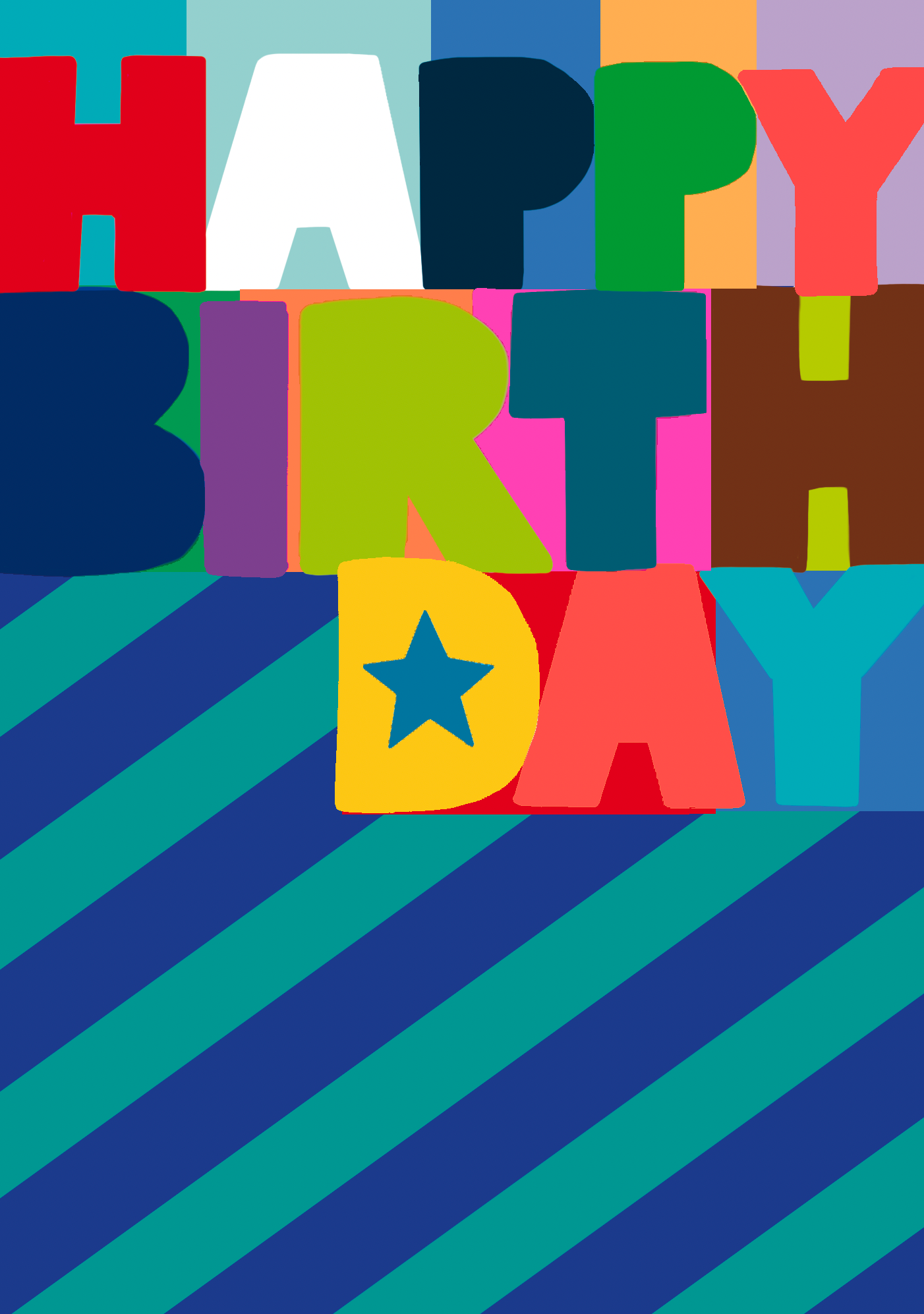 Bold and colourful 'Happy Birthday' letters on a striped background