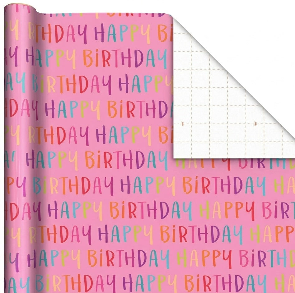 Happy Birthday Pink Gift Wrap  - 2 Sheet 2 Tag