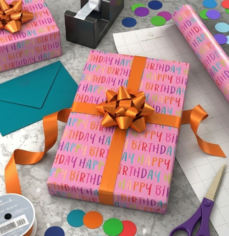 Happy Birthday Pink Gift Wrap  - 2 Sheet 2 Tag