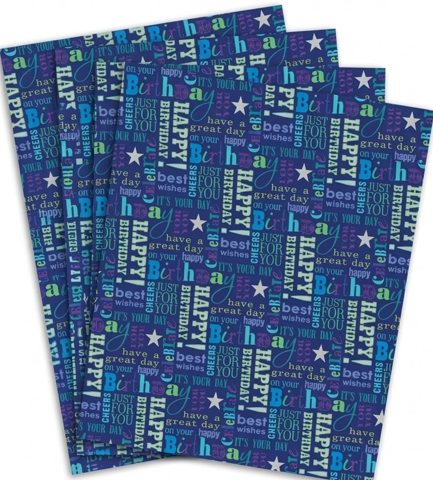 Happy Birthday Blue Gift Wrap - 2 Sheet 2 Tag