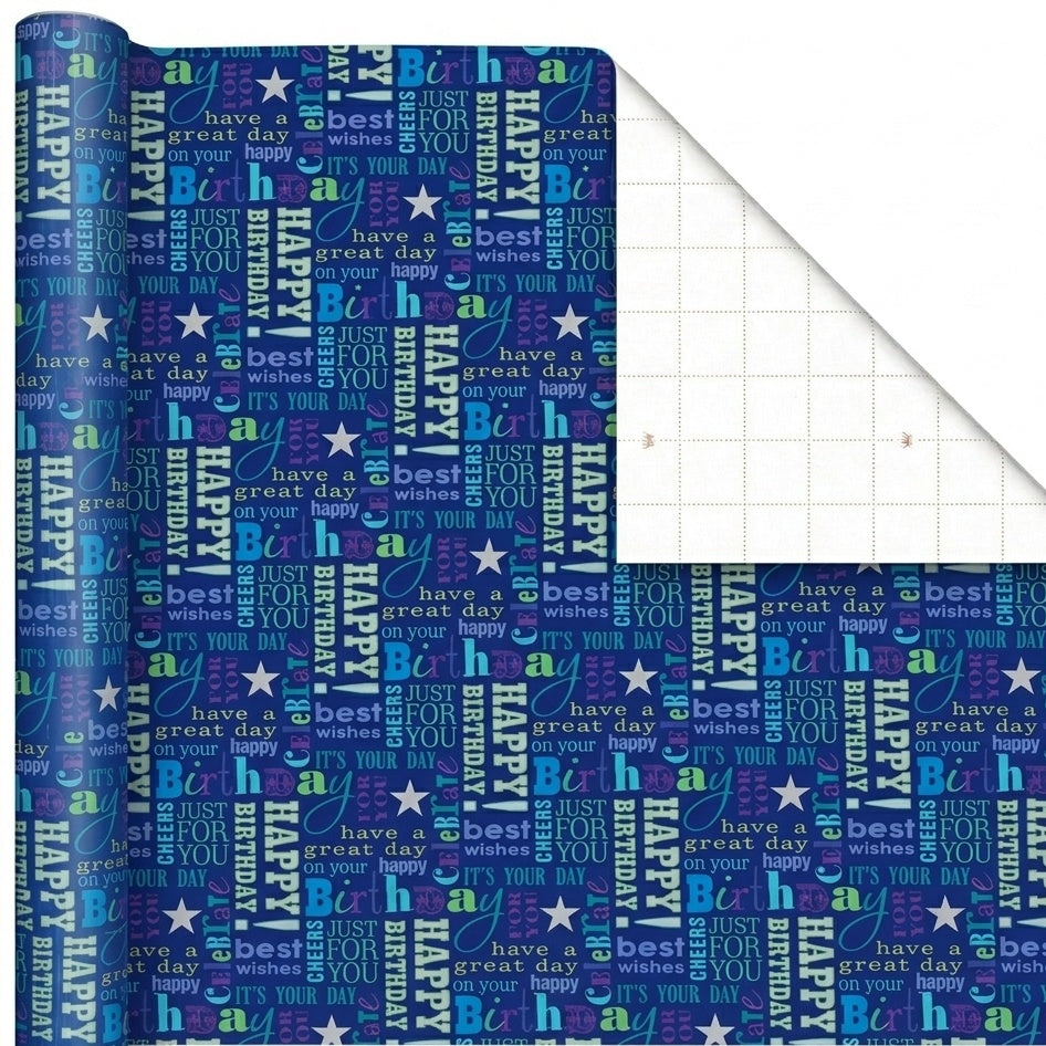 Happy Birthday Blue Gift Wrap - 2 Sheet 2 Tag