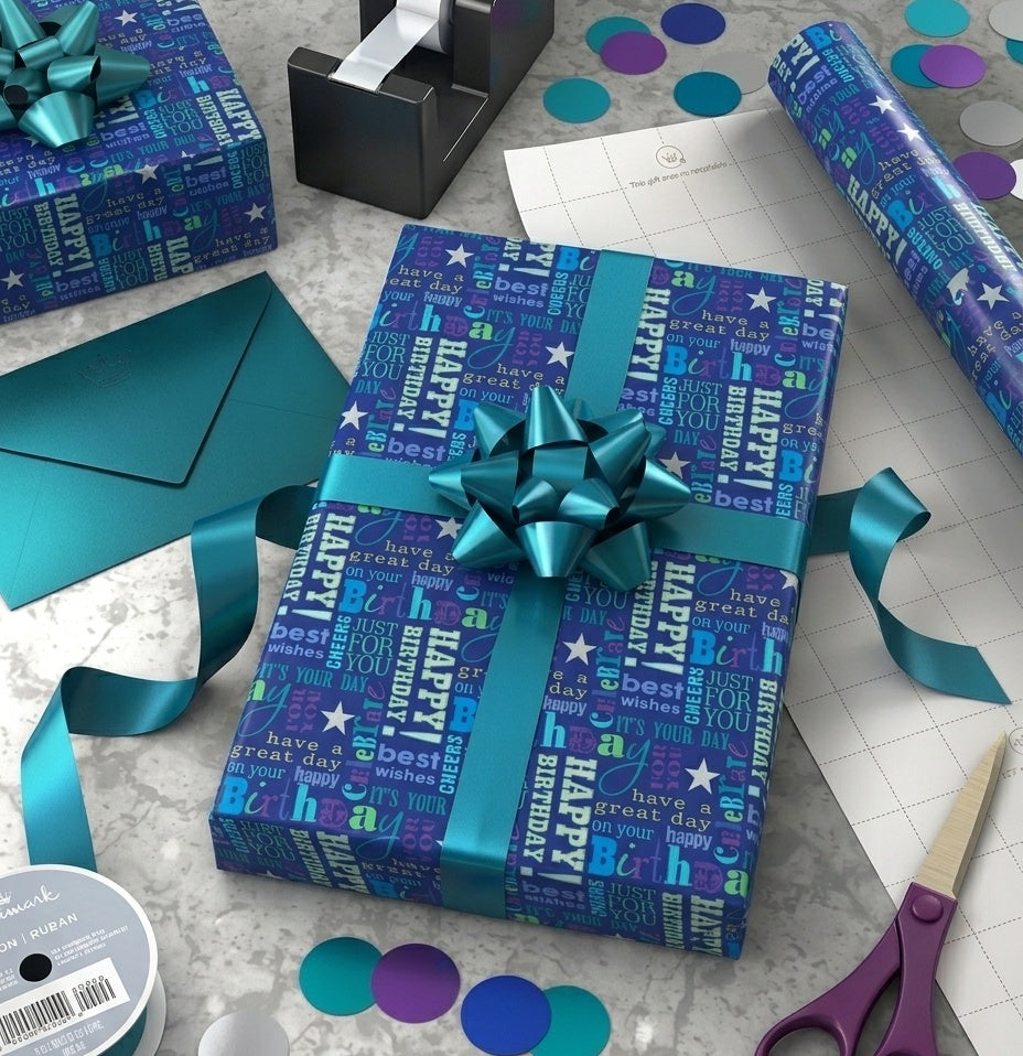 Happy Birthday Blue Gift Wrap - 2 Sheet 2 Tag