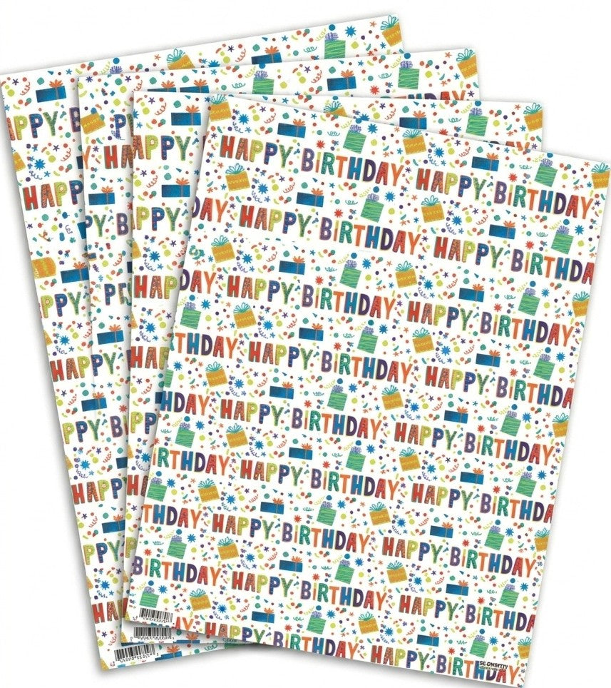 Happy Birthday Multicolour Gift Wrap - 2 Sheet 2 Tag