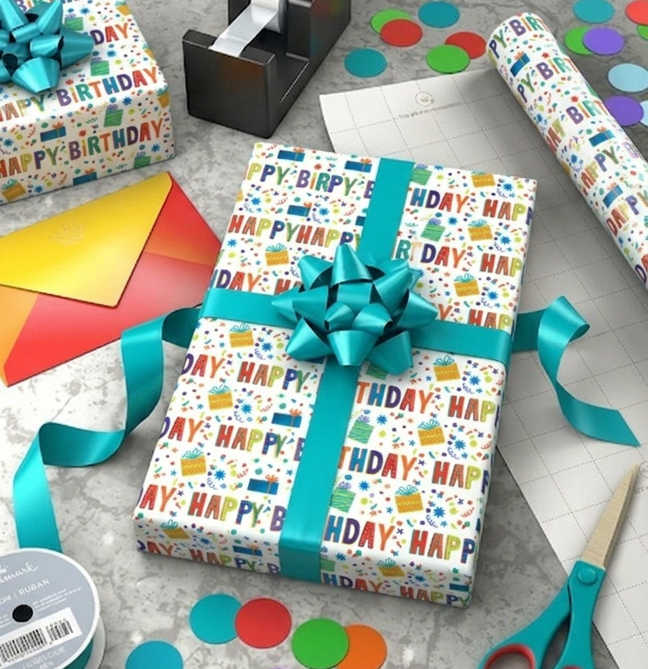 Happy Birthday Multicolour Gift Wrap - 2 Sheet 2 Tag