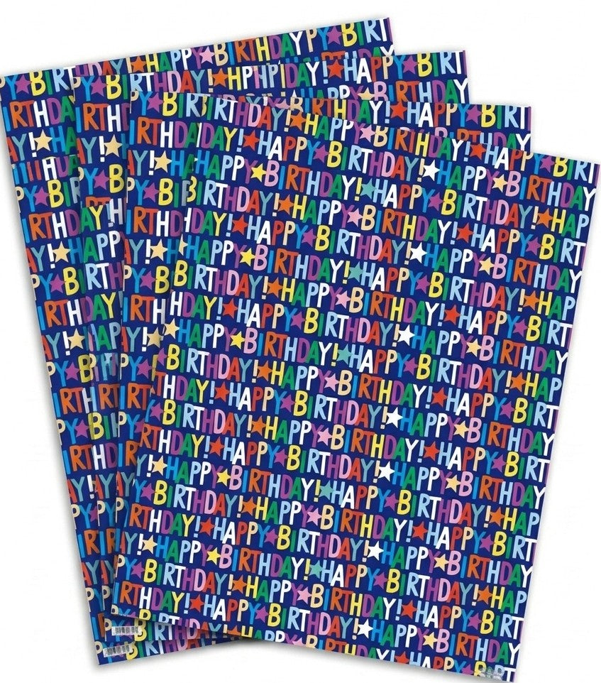 Happy Birthday Multi Blue Gift Wrap - 2 Sheet 2 Tag
