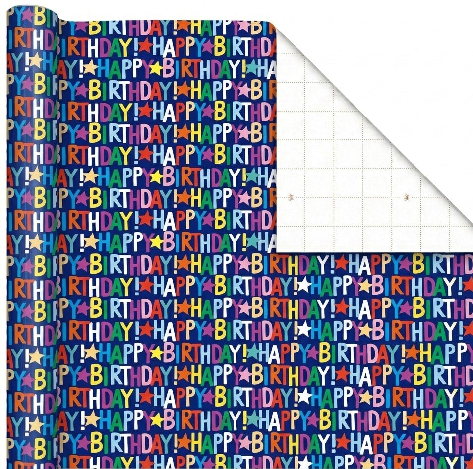 Happy Birthday Multi Blue Gift Wrap - 2 Sheet 2 Tag