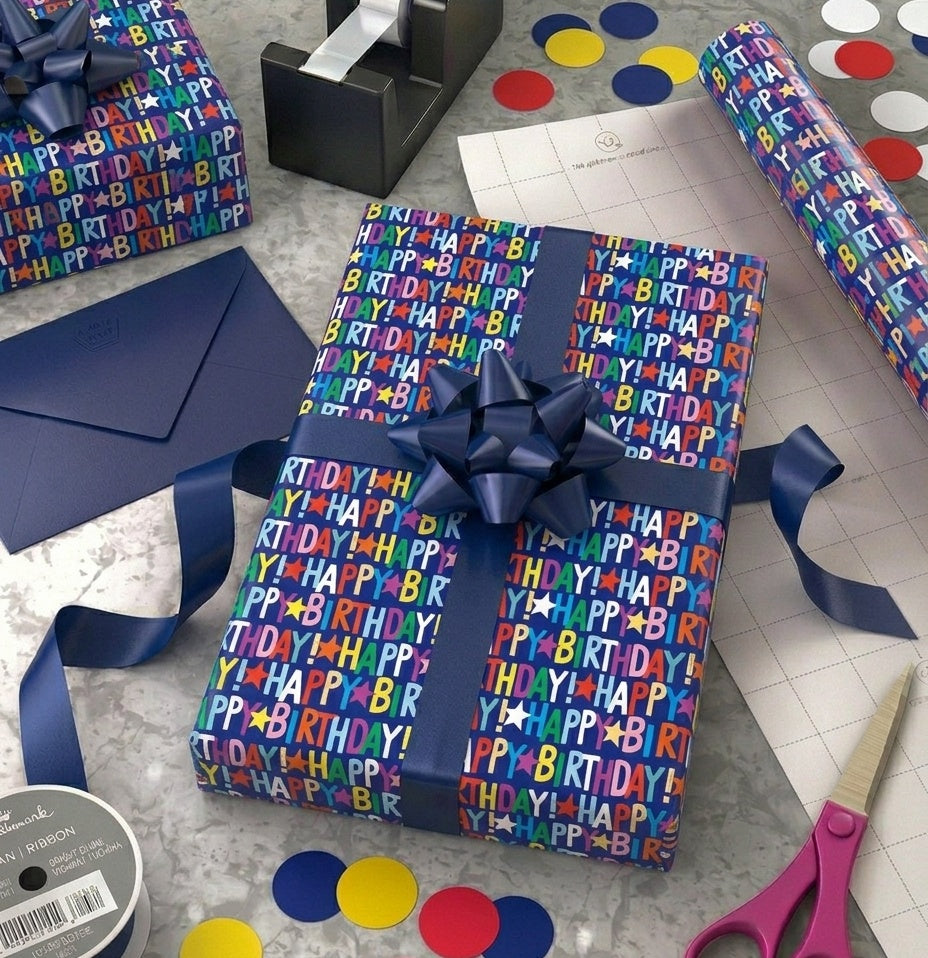 Happy Birthday Multi Blue Gift Wrap - 2 Sheet 2 Tag
