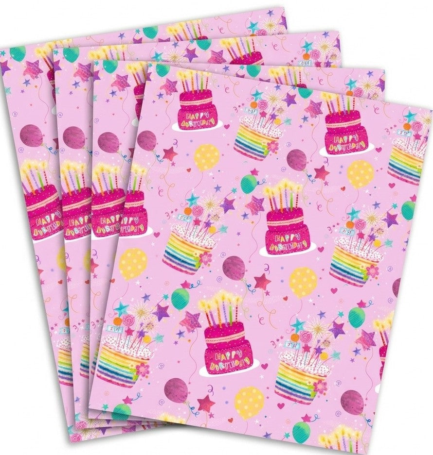Happy Birthday Cakes Pink Gift Wrap - 2 Sheet 2 Tag