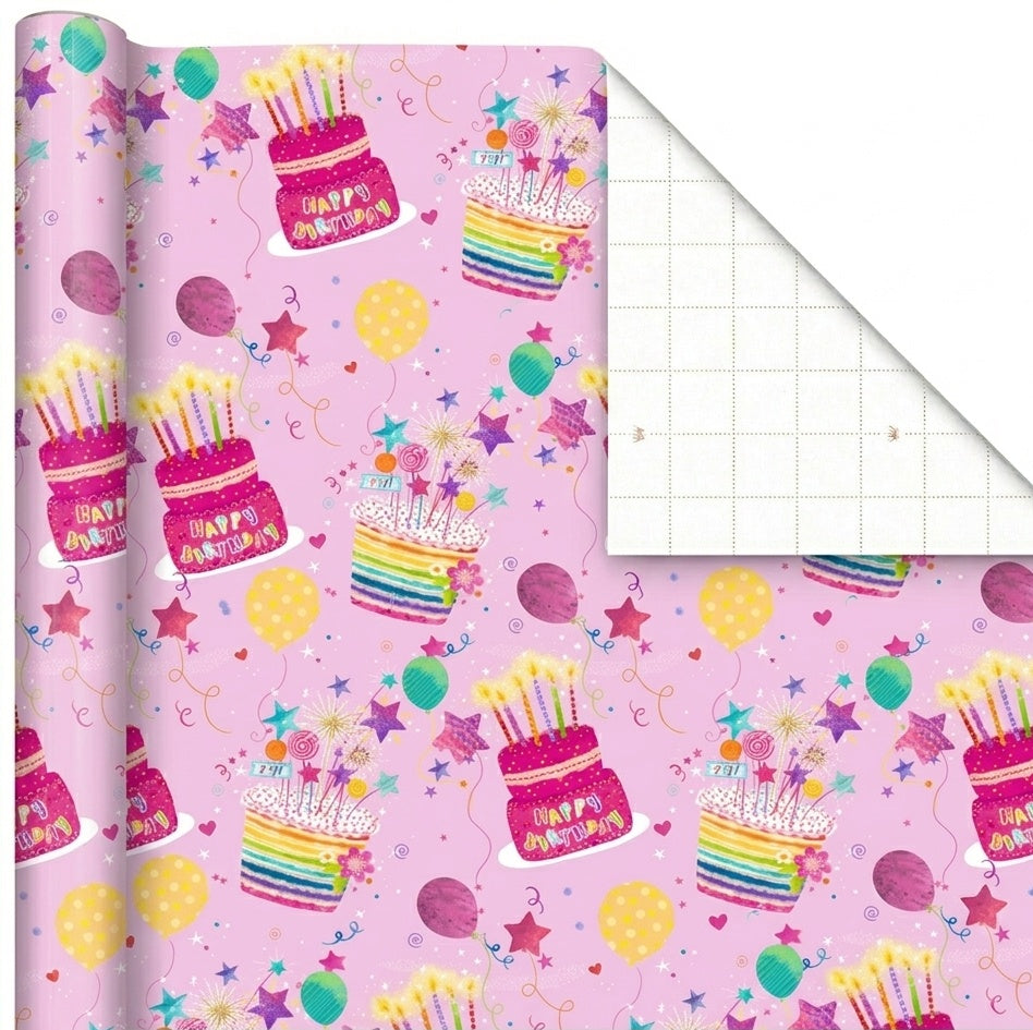Happy Birthday Cakes Pink Gift Wrap - 2 Sheet 2 Tag