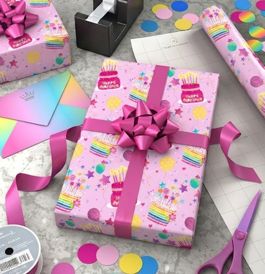 Happy Birthday Cakes Pink Gift Wrap - 2 Sheet 2 Tag