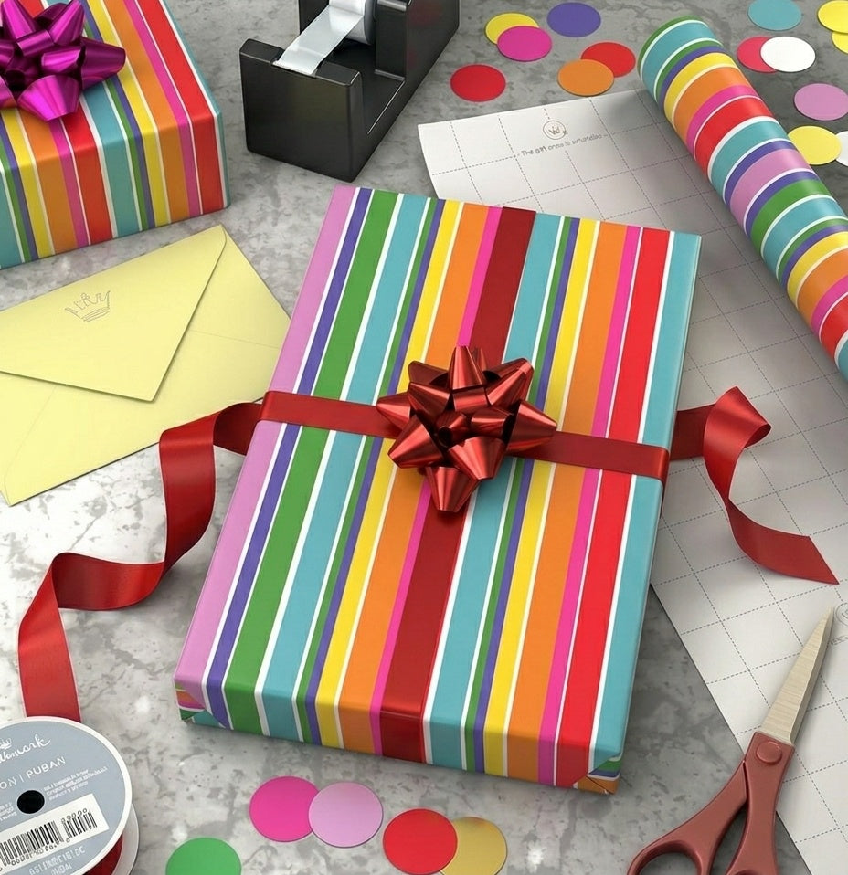 Stripes Multicolour Gift Wrap - 2 Sheet 2 Tag