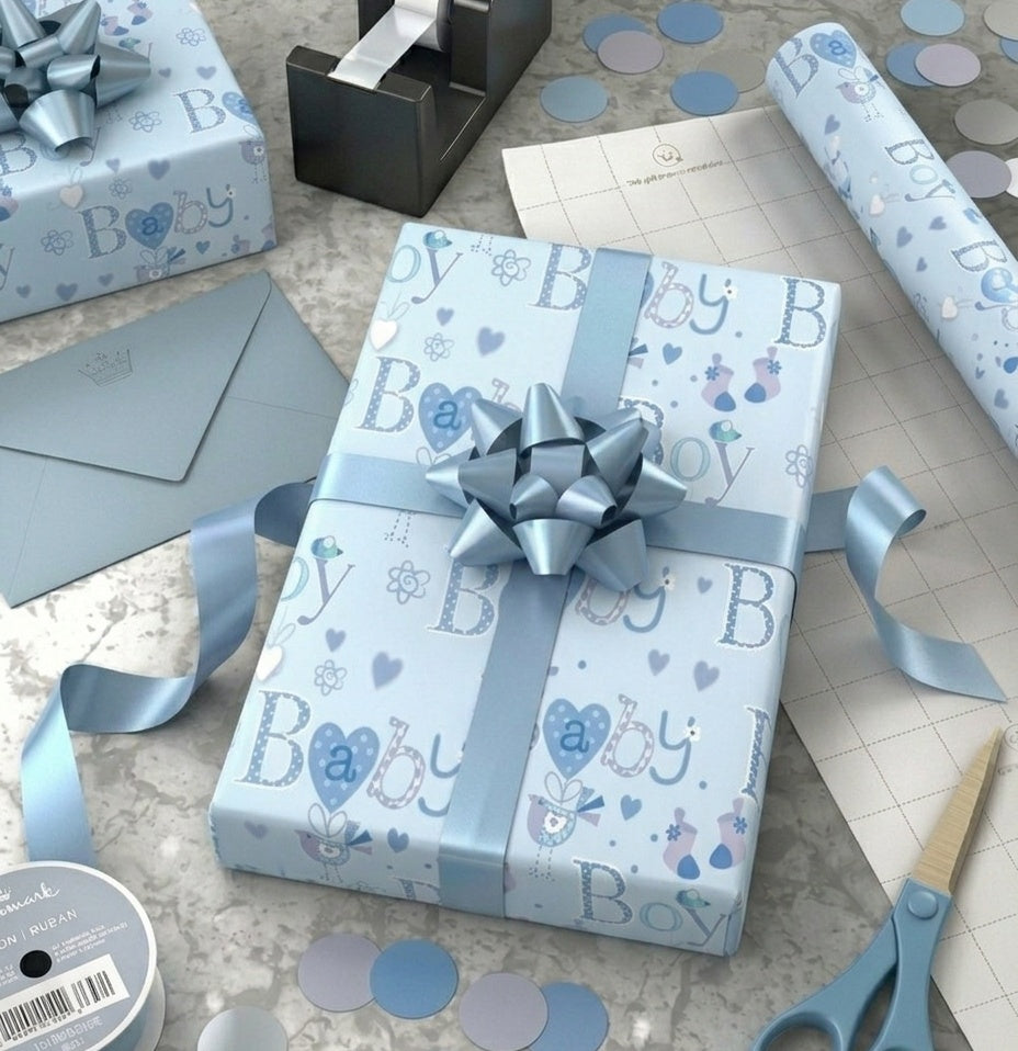 Baby Boy Blue Gift Wrap - 2 Sheet 2 Tag