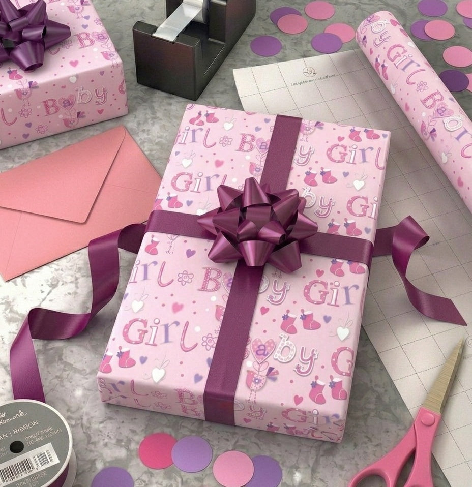 Baby Girl Pink Gift Wrap - 2 Sheet 2 Tag