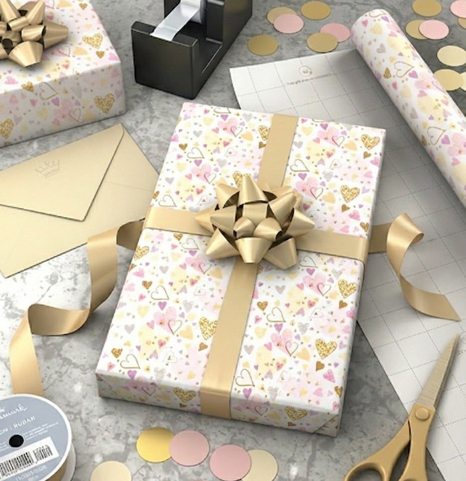 Wedding pink hearts Gift Wrap - 2 Sheet 2 Tag