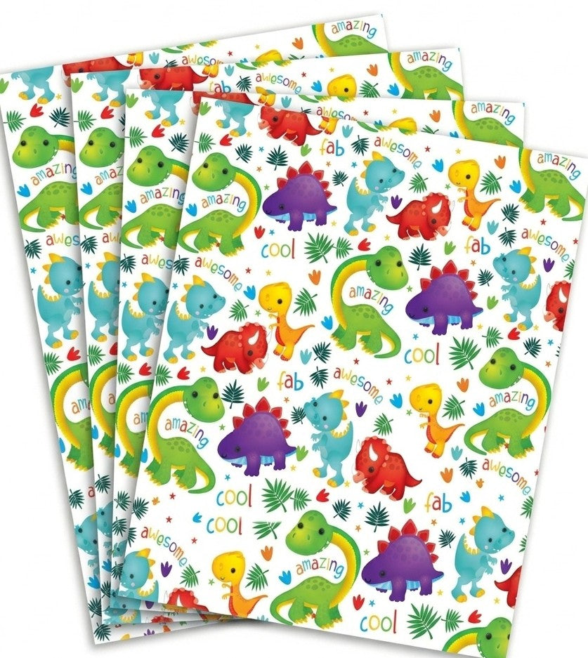 Dino Juvenile Gift Wrap - 2 Sheet 2 Tag