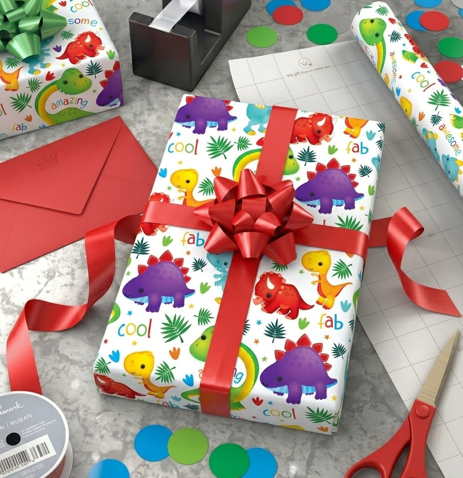 Dino Juvenile Gift Wrap - 2 Sheet 2 Tag
