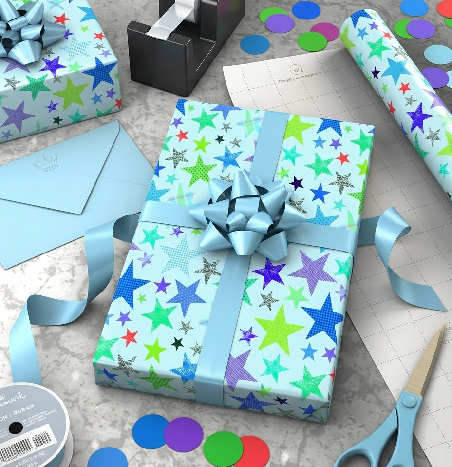 Blue Stars Gift Wrap - 2 Sheet 2 Tag