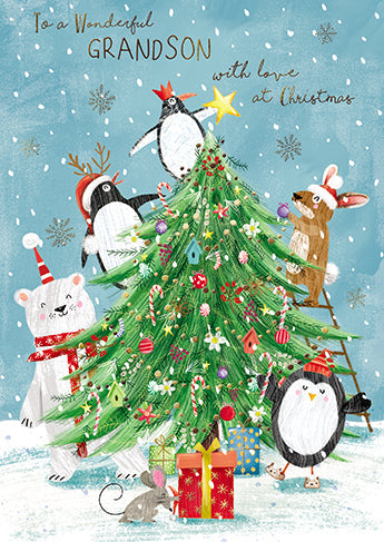 Cute Animals Decorating The Christmas Tree Blue